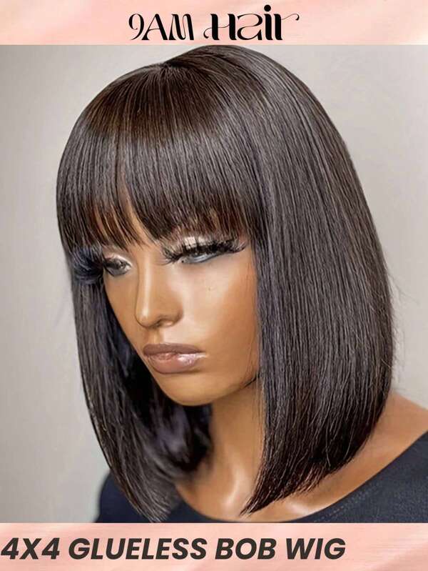 Pelucas con cierre de encaje Bob 4X4 de encaje transparente suizo con flequillo Pelucas con cierre frontal de encaje de cabello humano corto real con cabello de bebé Pre arrancado Peluca de rayita natural Color negro natural