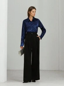 Aveloria Jacquard Button Front Shirt Workwear Elegant Business Casual Women Button Up Shirt Women  - Navy Blue - View 2