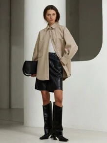 Aveloria Drop Shoulder Pocket Front Overcoat  Fall Winter Cloth For Women - Apricot - View 3