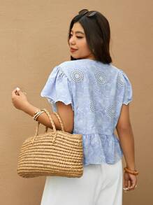 Elaquor Blouse brodée romantique française minimaliste pour femmes grandes tailles, avec un design de nœud papillon à l'avant, pièce idéale pour le printemps/été et les vacances
