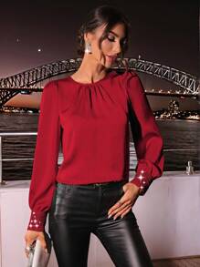 SHEIN Clasi Collar Ruffle Sparkle Patchwork Twill ShirtParty - Red - View 6