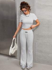 SHEIN Leap Crew 2 Pieces Set Ribbed Knit Crop Top And Flare Pants For Teen Girls, Casual And Comfortable, Suitable For Spring And Summer - Light Grey - View 4