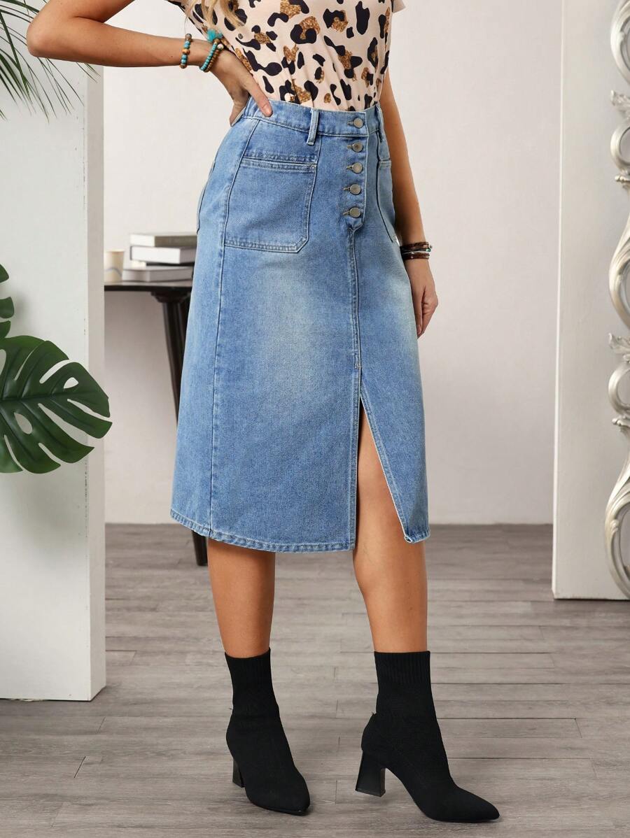 SHEIN LUNE Women's Front Button Pocket Split Hem Simple Casual Denim Skirt - Blue - View 1