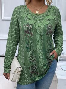 Women Plus Size Digital Floral Print Splice Long Sleeve T-Shirt - Army Green - View 1