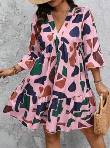 SHEIN Frenchy Plus Size Women Geometric Print V-Neck Ruffle Sleeve Loose Smock Dress