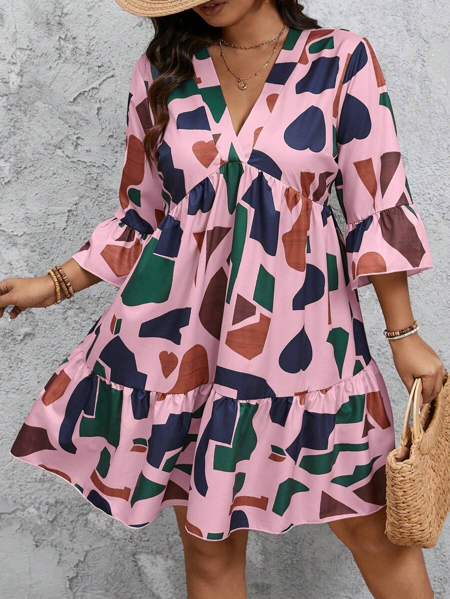 SHEIN Frenchy Plus Size Women Geometric Print V-Neck Ruffle Sleeve Loose Smock Dress
