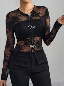 Ellevyn Blusa negra de manga larga con lazo y decoración de diamantes, elegante para uso diario y citas
