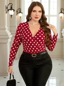 SHEIN Clasi Plus Size V-Neck Long Sleeve Polka Dot Print Slim Fit Casual Bodysuit,Spring Clothes - Red and White - View 4