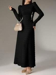 Modelyn Women's Crew Neck Long Sleeve Ruched Rhinestone Embellished Elegant Arabic Style Dress - Black - View 5