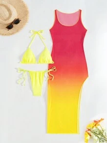 SHEIN Swim SXY 3 件套女士性感吊带三角比基尼套装和长款扎染和服泳装罩衫沙滩装适合夏季海滩度假 - 彩色 - 查看 6