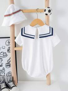 SHEIN 2-częściowy zestaw body niemowlęcego chłopięcego, ślicznego, swobodnego, dzianinowego z muszką i czapeczką, odpowiedni na przyjęcie urodzinowe, ceremonię, wesele, baby shower