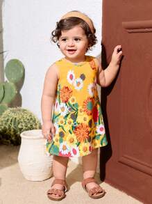 Baby Girl Mommy And Me Matching Outfits (2 Pieces Are Sold Separately)Yellow Summer Cute Floral Print Vacation Dress,For Spring/Summer