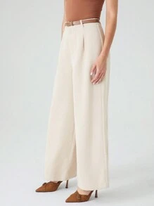 SHEIN EZwear 女式新款灯芯绒长裤（配腰带） - 卡其色 - 查看 4