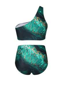 Swim Oasis Summer Beach Plus Size Women's Marble Print One Shoulder Sleeveless Bikini Set 3pcs/Set - Multicolor - View 7
