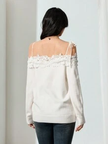 EastFlair Camiseta de punto hombros descubiertos con encaje en unicolor elegante para mujer, otoño - Blanco - Ver 2
