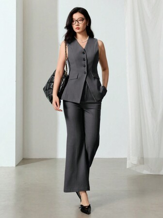 EastFlair Damen Einfarbige Einreihige Weste und ausgestellte Hose Elegantes Sommer 2-teiliges Set, Business Lässig Frau