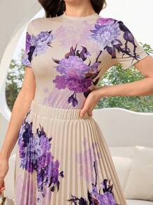 Modelyn 2pcs/Set Women Elegant Floral Print Short Sleeve Top And Pleated Skirt
