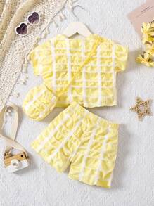 2pcs/Set Young Girl Plaid Round Neck Short Sleeve Top And Shorts Set - Pink - View 2