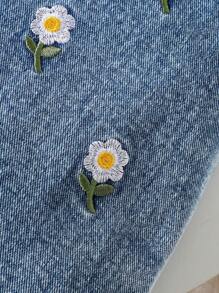 SHEIN 2pcs Baby Girls White Ribbed Top + Blue Jean Embroidered Suspender Dress With Pockets, Suitable For Outdoor