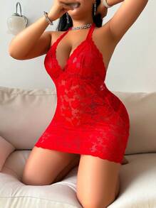 Vestido + tanga de 2 piezas para el Día de San Valentín, lencería sensual y encantadora de talla grande con parches de encaje, lazo y espalda descubierta