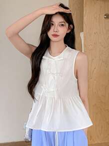 DAZY Blusa de mujer con cuello redondo, lazo y sin mangas, top de muñeca para salir