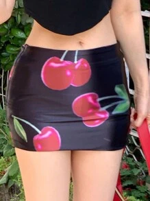 DAZY تنورة قصيرة مطبوعة بالكرز للنساء، باللون الأسود، مناسبة لجميع المواسم، تنورة قلم رصاص للخريف، تنورة ذات خصر منخفض