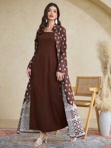 Al Najma 1 Set Women's Full Print Long Sleeve Jacket & Dress Arabic Style Outfit