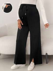 SHEIN Pantalones holgados de maternidad de unicolor con cintura ajustable y abertura lateral - Negro - Ver 1