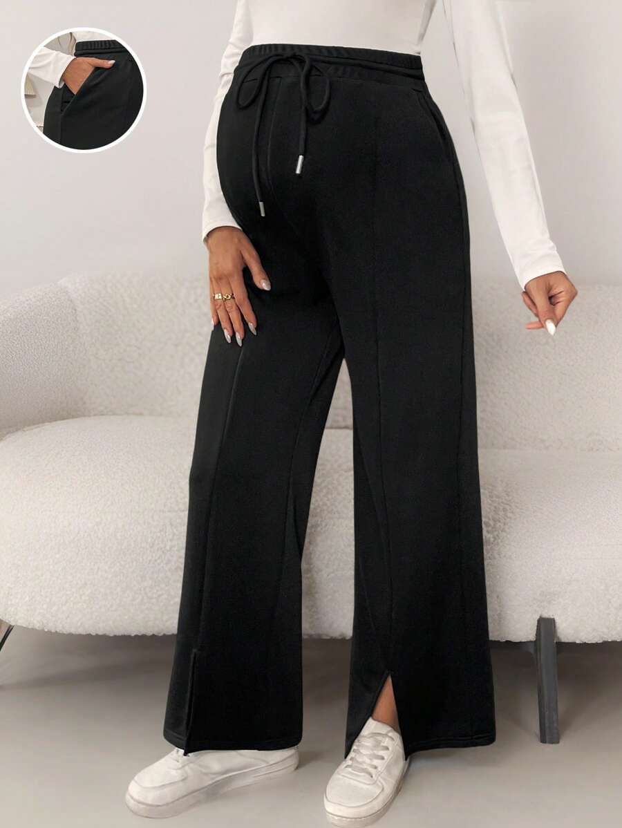 SHEIN Pantalones holgados de maternidad de unicolor con cintura ajustable y abertura lateral - Negro - Ver 1