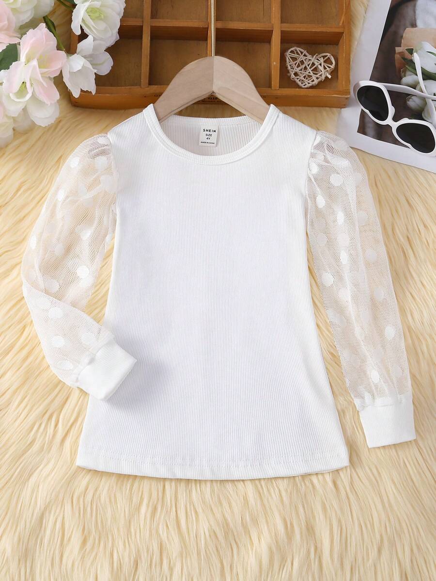 Young Girl Polka Dot Mesh Long Sleeve Stretch Casual Blouse, Versatile For Spring/Summer Outings - White - View 1