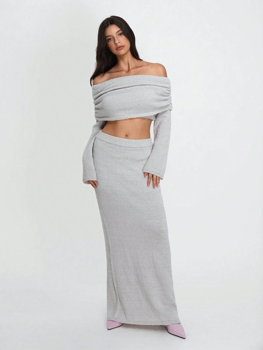 SHEIN Unity Women's Off-Shoulder Long Sleeve Cropped Sweater And Long Knitted Skirt Sexy 2 Pieces Set, Autumn/Winter - Light Grey - View 1