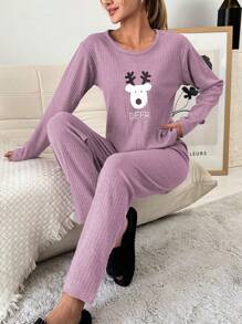 EURMUSE 100%Cotton Embroidery Cartoon & Letter Pattern Lounge Set - Lilac Purple - View 1