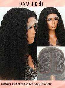 Transparent Lace Kinky Curly T Part Lace Wigs Real Human Hair Lace Frontal Closure Natural Black Color Wigs With Front Baby Hair Pre Plucked Natural Hairline Wig