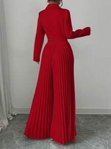 Elenzga 2pcs Women's Set With Waist Cinching Button, Pleated Asymmetric Design Fall Cloth For Women - Red - View 2