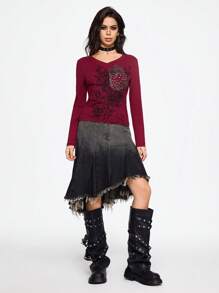 ROMWE Grunge Punk Áo thun tay dài in họa tiết đá pha lê cổ chữ V ngày lễ tình nhân cho nữ - Màu Đỏ Sâu - Xem 4