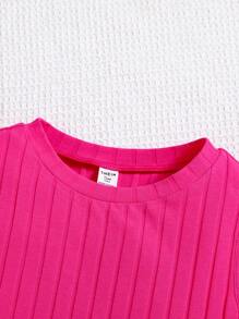 SHEIN Leap Crew Teen Girls Summer Pink Knitted Ribbed Sleeveless Bodycon Tank Dress With Letter Patch & Slit, Casual Vacation Versatile Valentine's Day - Hot Pink - View 4