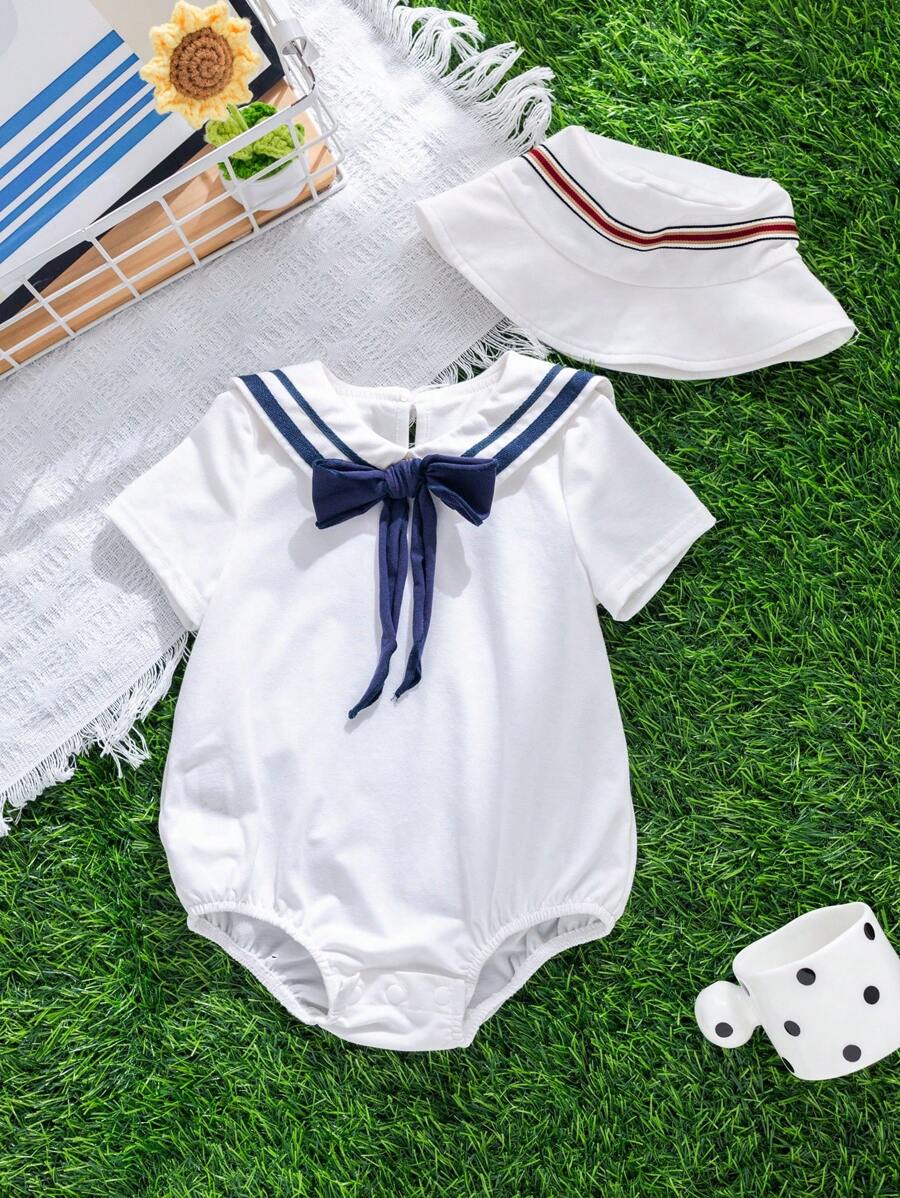 SHEIN 2-częściowy zestaw body niemowlęcego chłopięcego, ślicznego, swobodnego, dzianinowego z muszką i czapeczką, odpowiedni na przyjęcie urodzinowe, ceremonię, wesele, baby shower
