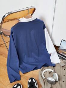 Manfinity VCAY Plus Size Men's Loose Knit Blue & White Long Sleeve Polo Shirt, Casual - Multicolor - View 5