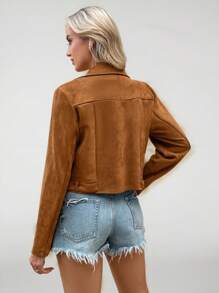 SHEIN LUNE Brown Suede Deer Velvet Short Jacket For Women, Autumn/Winter - Castanho - Visão 5
