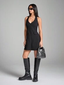SHEIN EZwear Women's Summer Solid Color Short Simple And Elegant Halter Mini Dress - Black - View 4