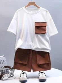 SHEIN Leap Crew Teenage Boy Utility Pockets Short Sleeve Top And Shorts Set
