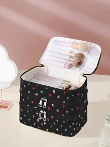 Maria Clara Maia 艺术家黑色心形图案时尚可爱三层化妆包，用于收纳，方形化妆包，情人节 - 彩色 - 查看 3