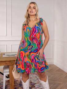 SHEIN LUNE Robe ample à manches bouffantes à volants, imprimé papillon par imagerie thermique, col V décontracté et confortable, couleurs variées. Vêtements pour femmes rondes, tenues de la Saint-Valentin, style boho, cowgirl, "Old Money", bohème western, hippie d'été
