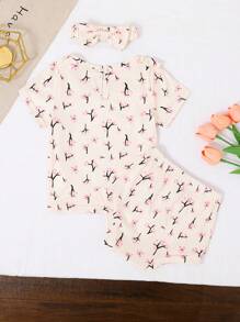 2pcs Baby Girls Floral Print Brushed Top And Shorts Set, Comfortable For Outdoor And Indoor Wear, Spring/Summer - Apricot - View 2