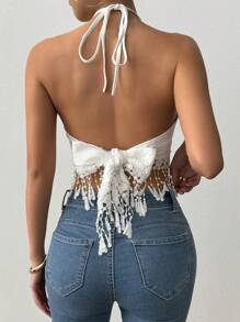 Chiquease Women's Halter Neck Tie Back Fringe Hem Casual Top, Daily Wear - White - View 2