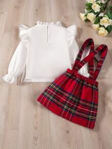 2pcs Young Girl  Solid Color Ruffle Trim Casual Shirt And Woven Bib Overall Dress Red Plaid Christmas Suit,Suitable For Christmas And Everyday Wear - Multicolor - View 2