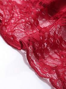 DAZY Women's Spring Long Satin & Contrast Lace Robe With Cinched Waist Pajama - Burgundy - View 7