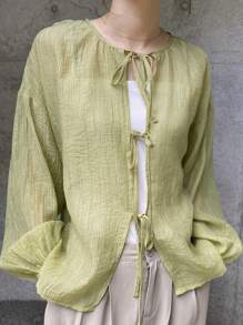 FRIFUL Damgrön lös, transparent blus/lätt sommarjacka med lång ärm - Grön - Visa 3