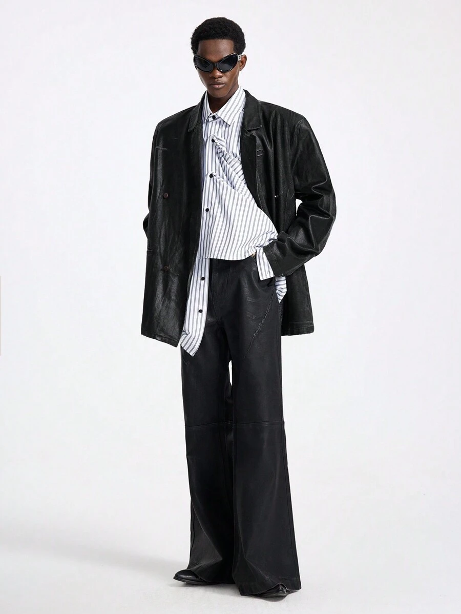 NEON BLANC Men's Streetwear Acid-Washed Long Sleeve Double-Breasted Denim Blazer, For Fall Winter - Black - View 1