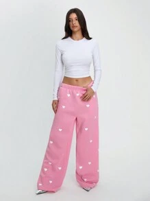 Flirla Valentine's Day Heart Printed Straight Leg Sweatpants Fall Cloth For Women - Baby Pink - View 5